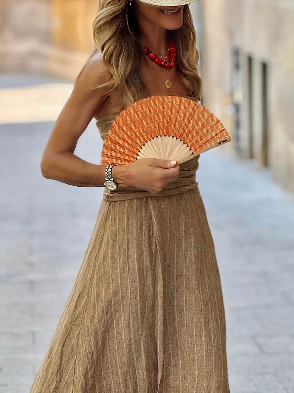 Robe longue en lin à imprimé rayé rétro unique et fendue