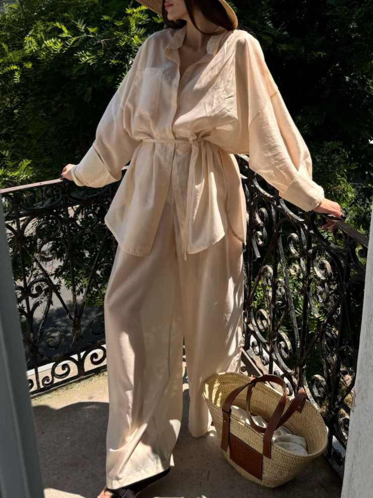 Elegant Belted Sheer Long-Sleeved Shirt