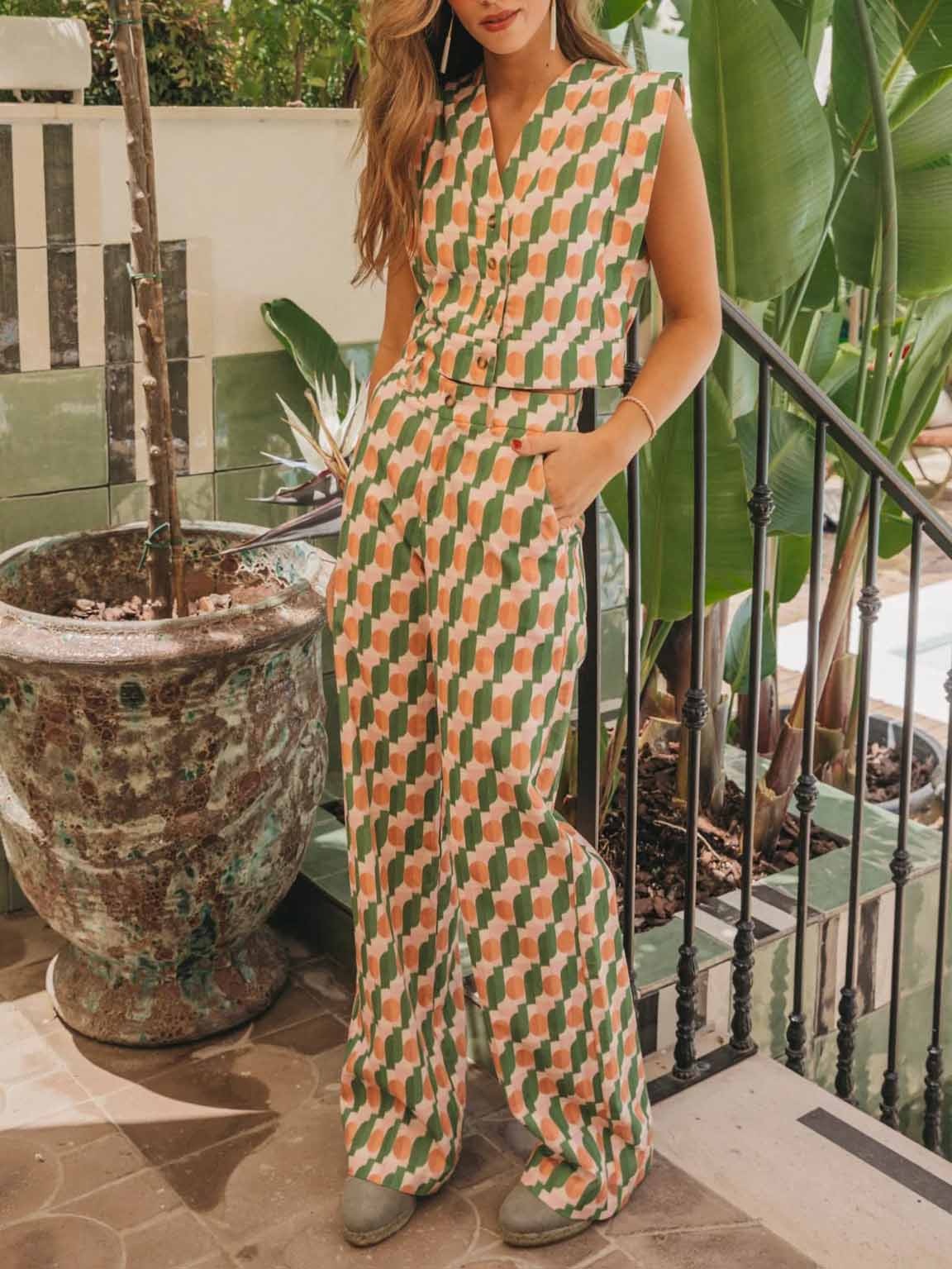 Pantalon décontracté à imprimé géométrique coloré