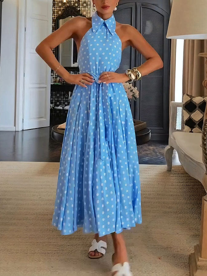 Elegant Polka Dot Print Open Back Puffy Maxi Dress