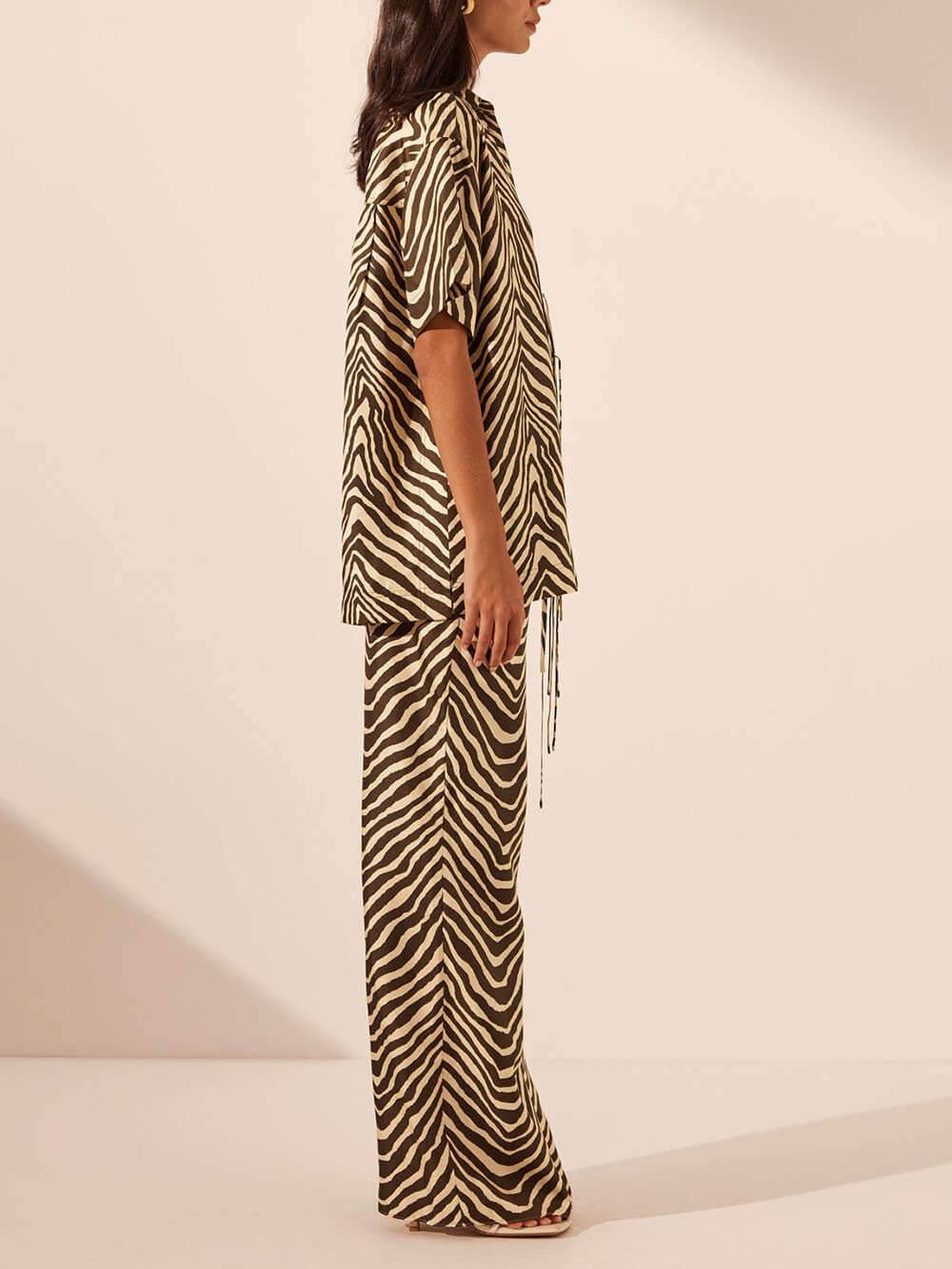 Exquisite Satin Unique Wave Pattern Print Drawstring Elastic Waist Wide Leg Pants