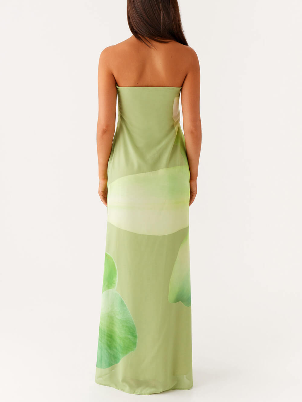 Elegantes, schulterfreies Maxikleid aus Satin mit einzigartigem Blumendruck