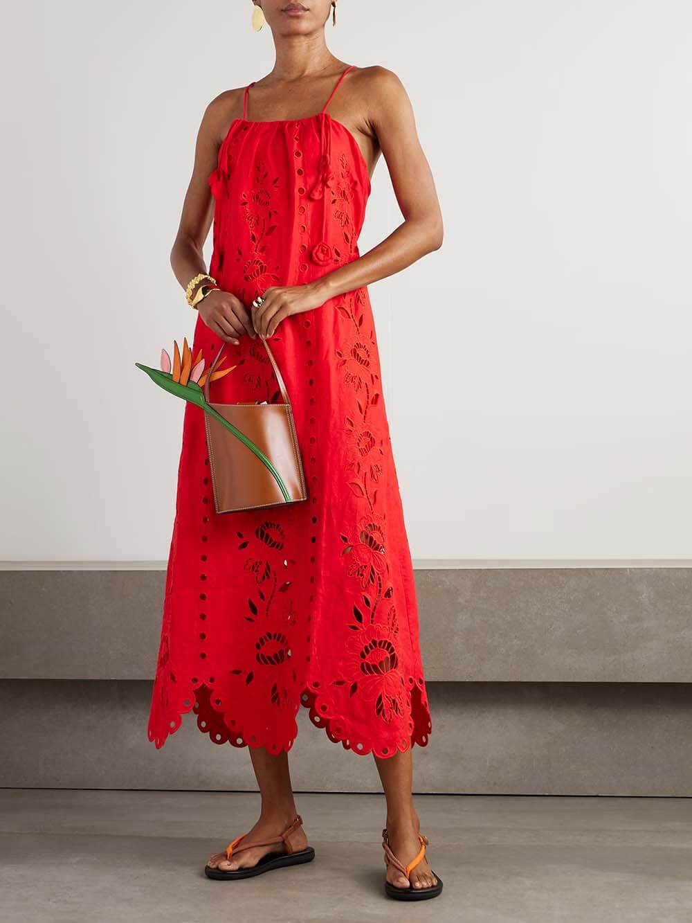 Robe midi élégante en lin mélangé au crochet avec bordure en dentelle