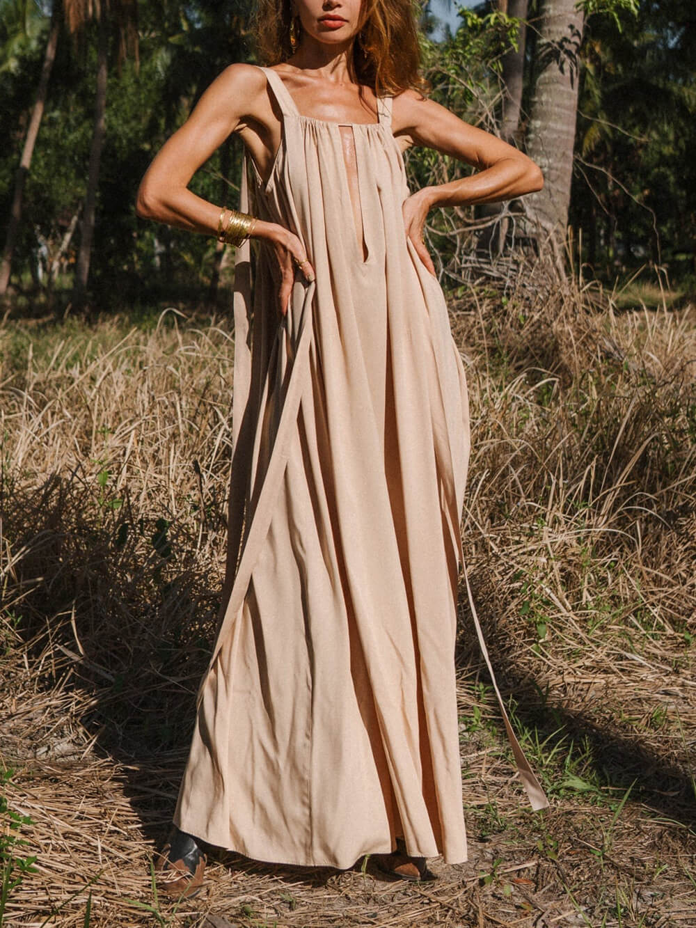 Elegant Square Neckline Beige Backless Flowing Ties Maxi Dress