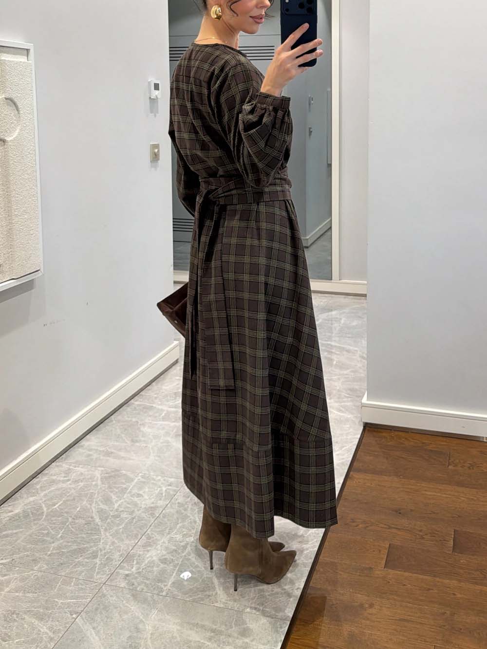 Retro Plaid Print Belted Midi Dress