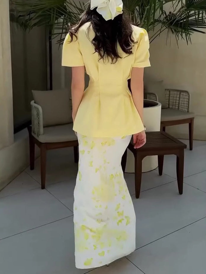 Elegantes V-Ausschnitt Tailliertes Puffärmel Shirt