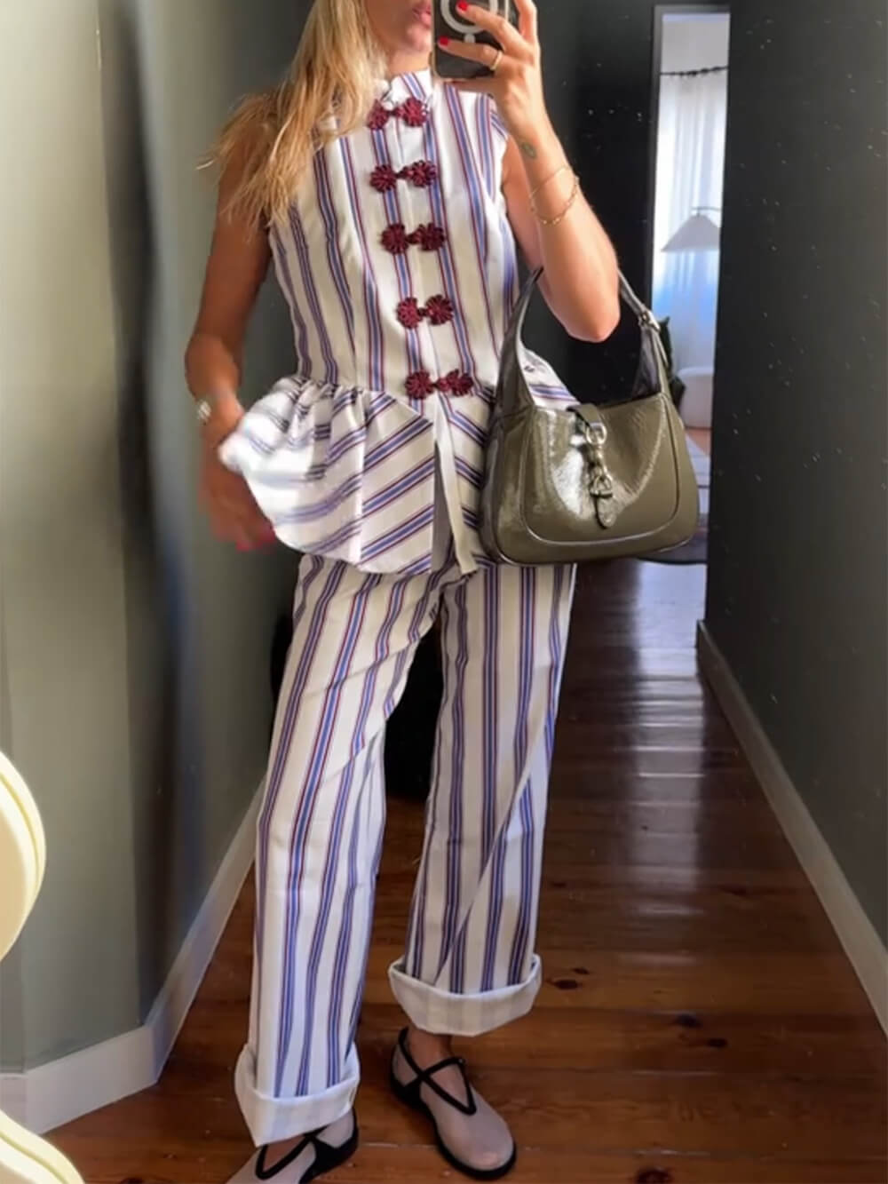 Hose mit geradem Bein und hoher Taille im Retro-Streifenmuster