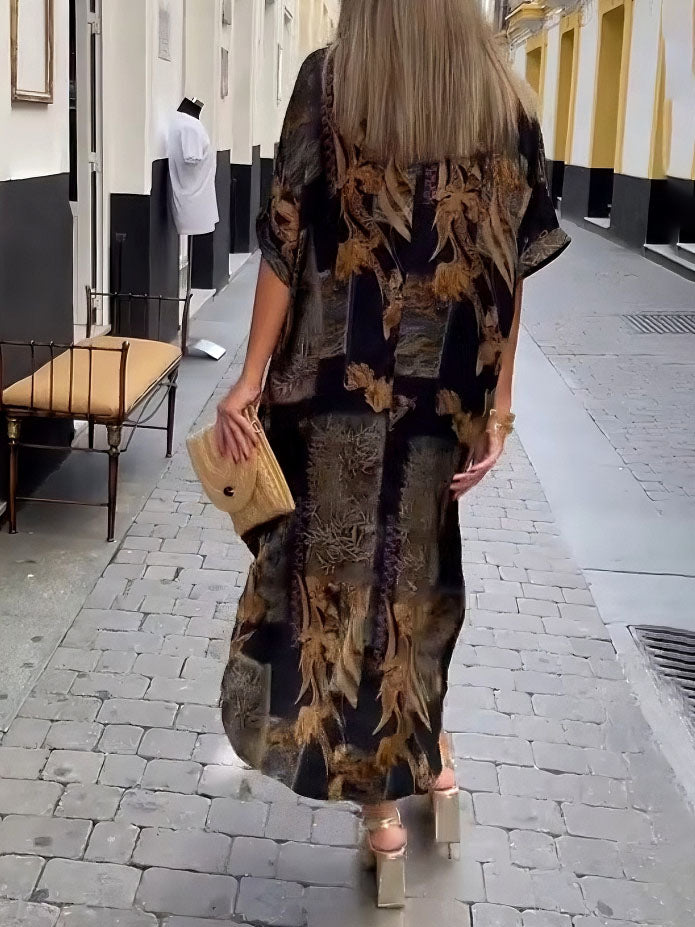 Robe chemise mi-longue à col en V et imprimé satin rétro