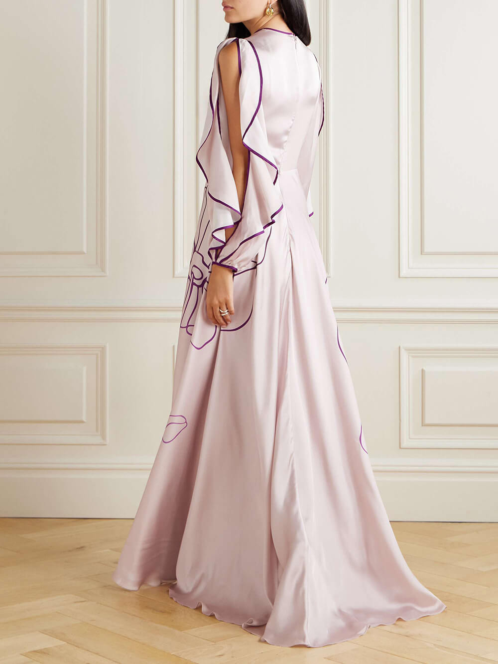 Robe longue rétro en satin à imprimé floral et volants