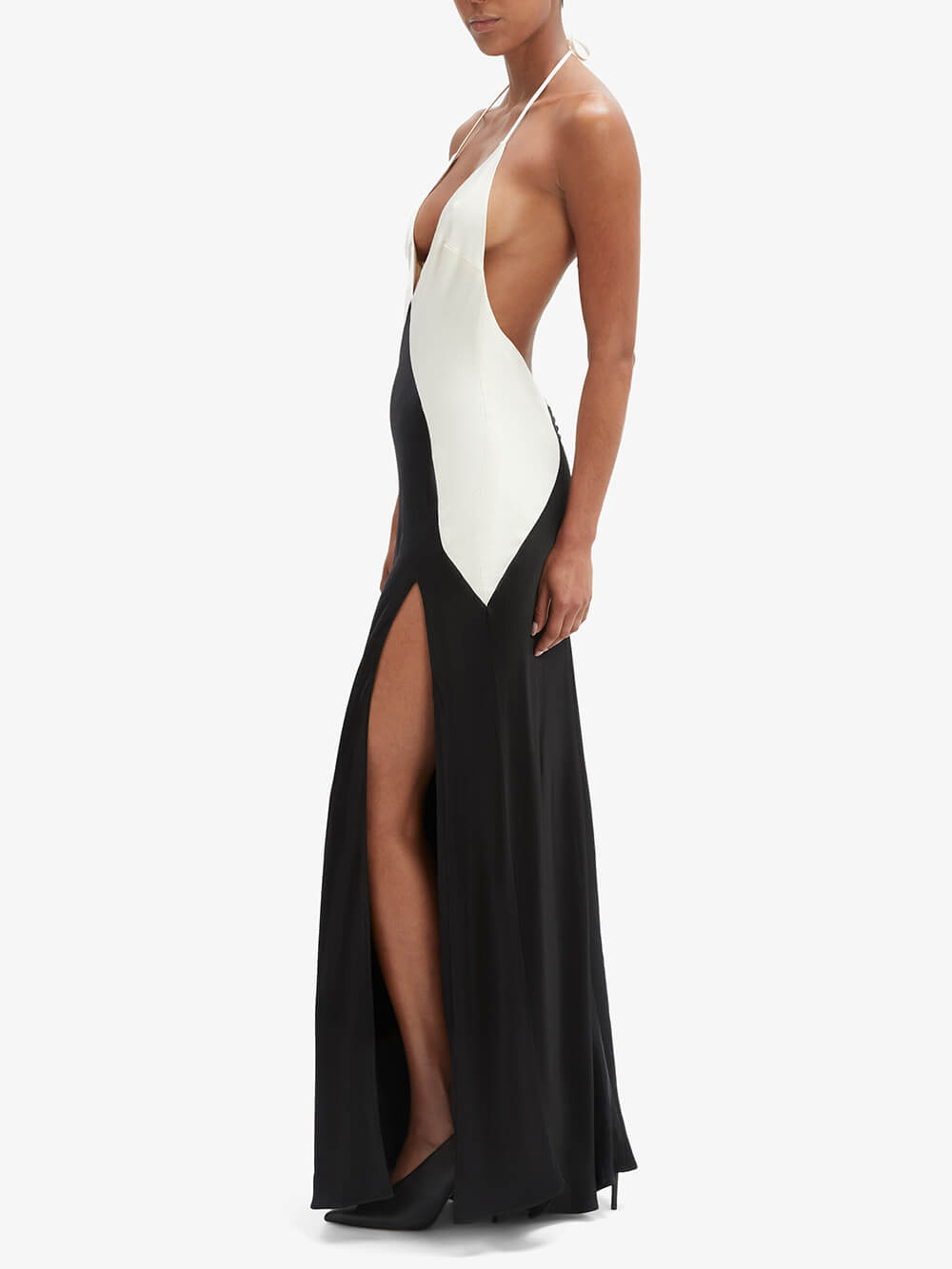 Sexy rückenfreies Maxikleid mit auffälligem V-Ausschnitt und Kontrast