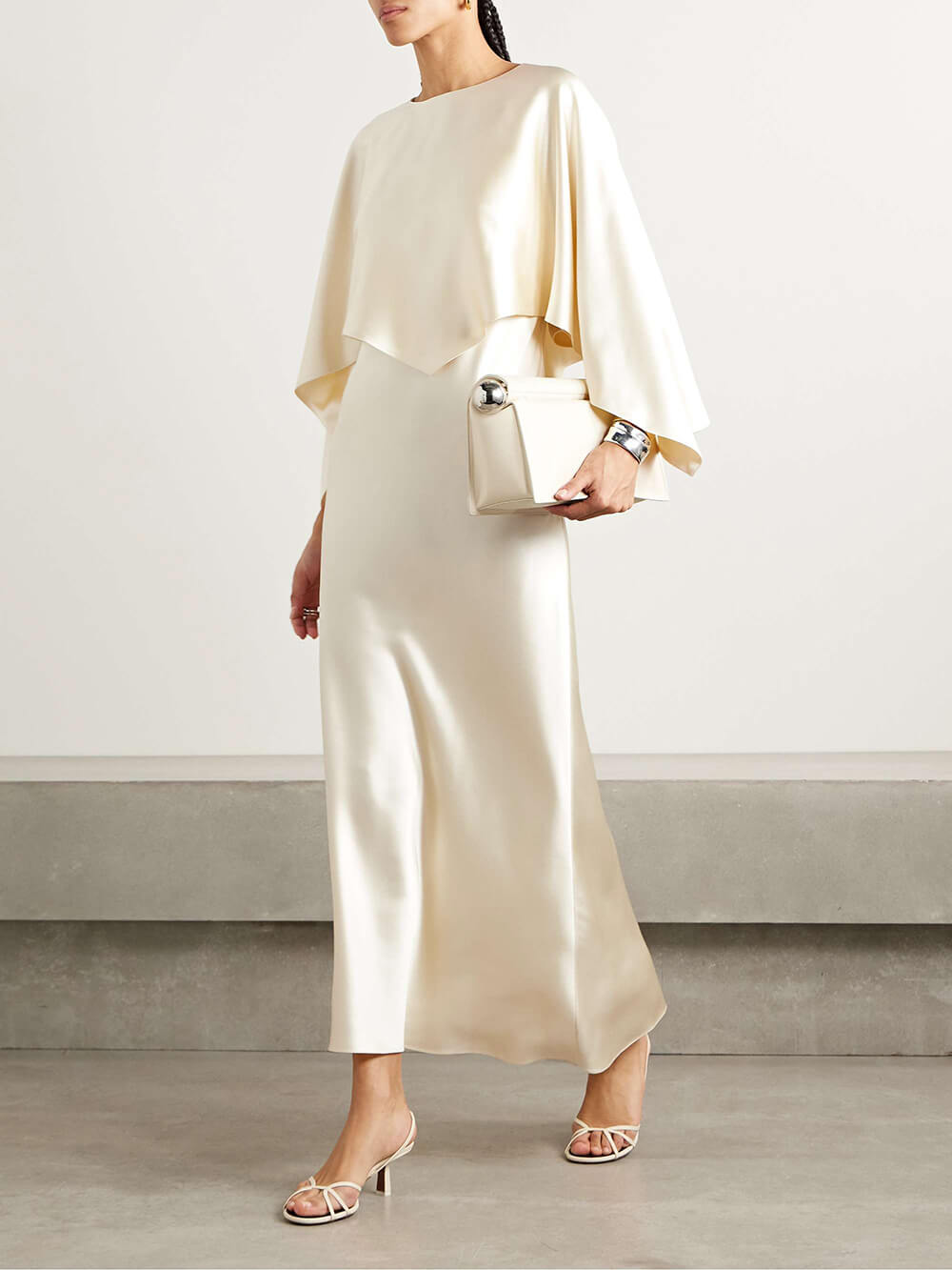 Elegant Layered Asymmetric Cape Satin Maxi Dress Set