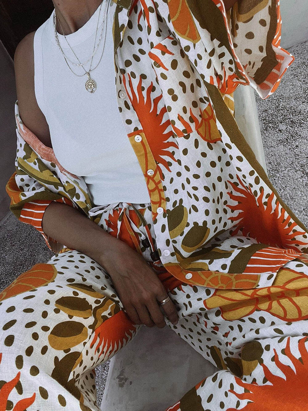 Casual Unique Satin Sun Print Loose Button Down Oversized Shirt