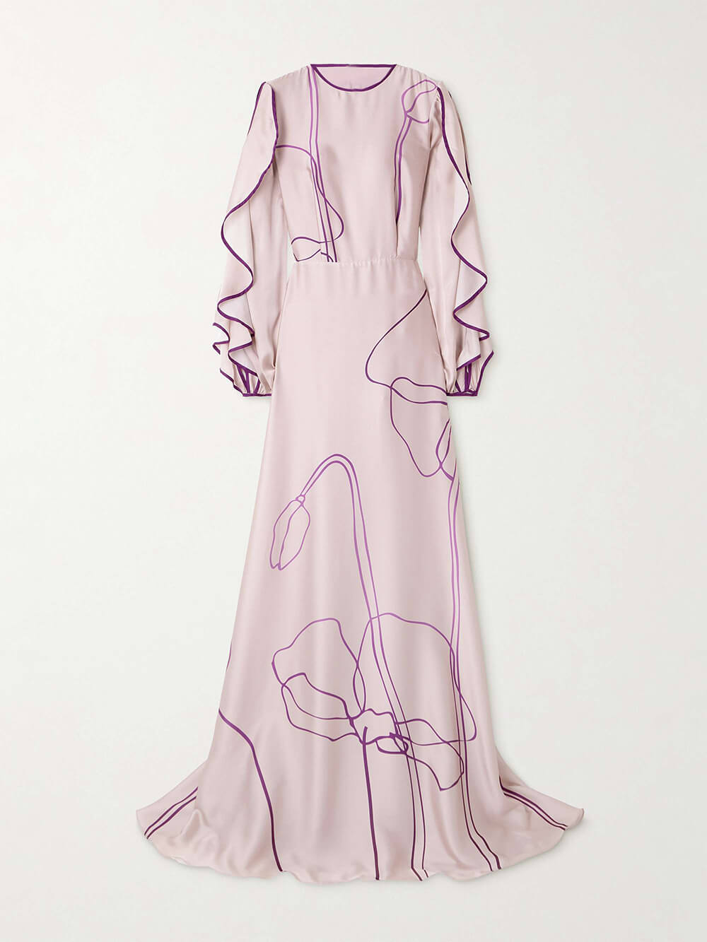 Robe longue rétro en satin à imprimé floral et volants
