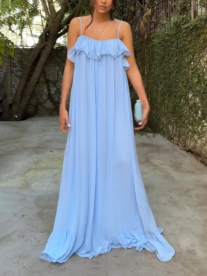 Elegantes, fließendes Maxikleid aus Chiffon mit offenem Rücken und Rüschen