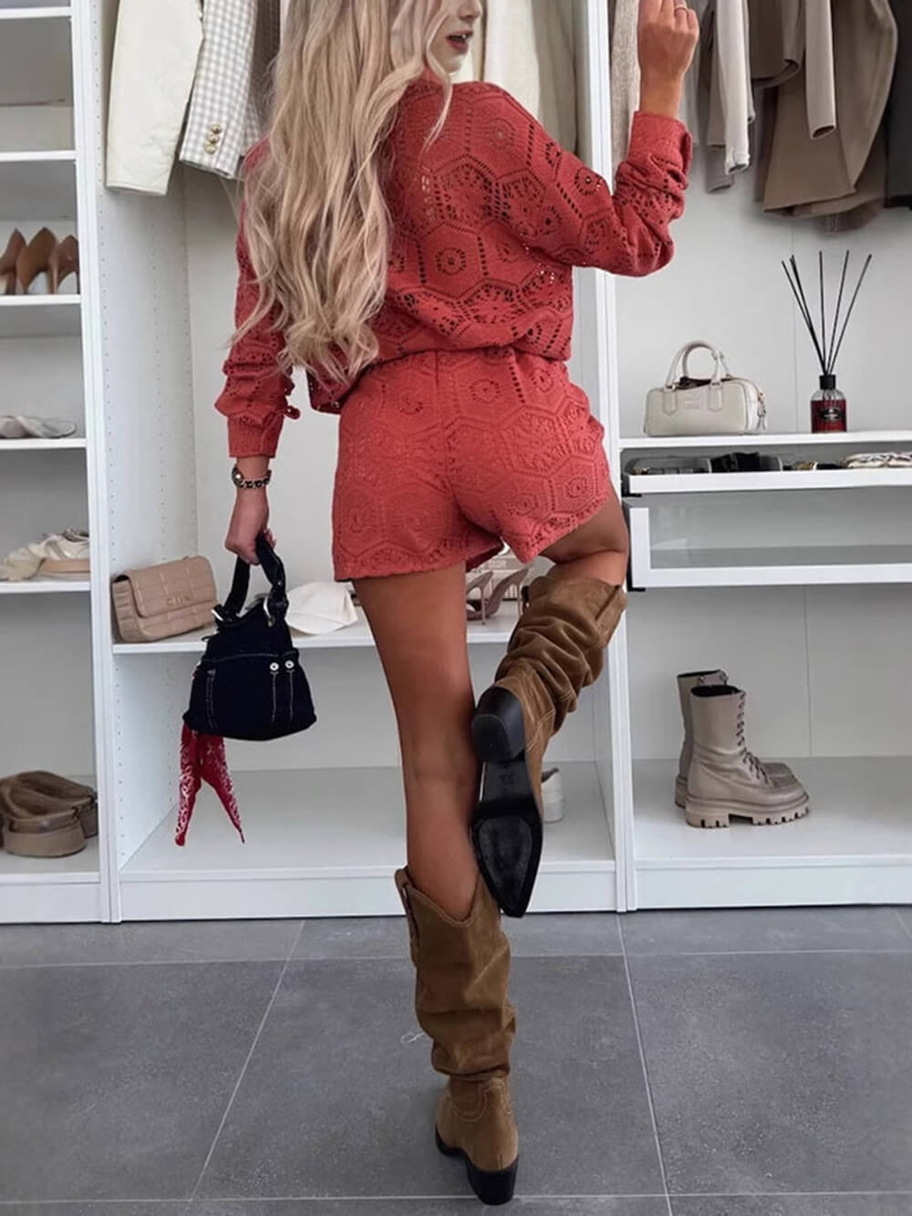 Ensemble haut et short en dentelle à simple boutonnage et revers de style décontracté