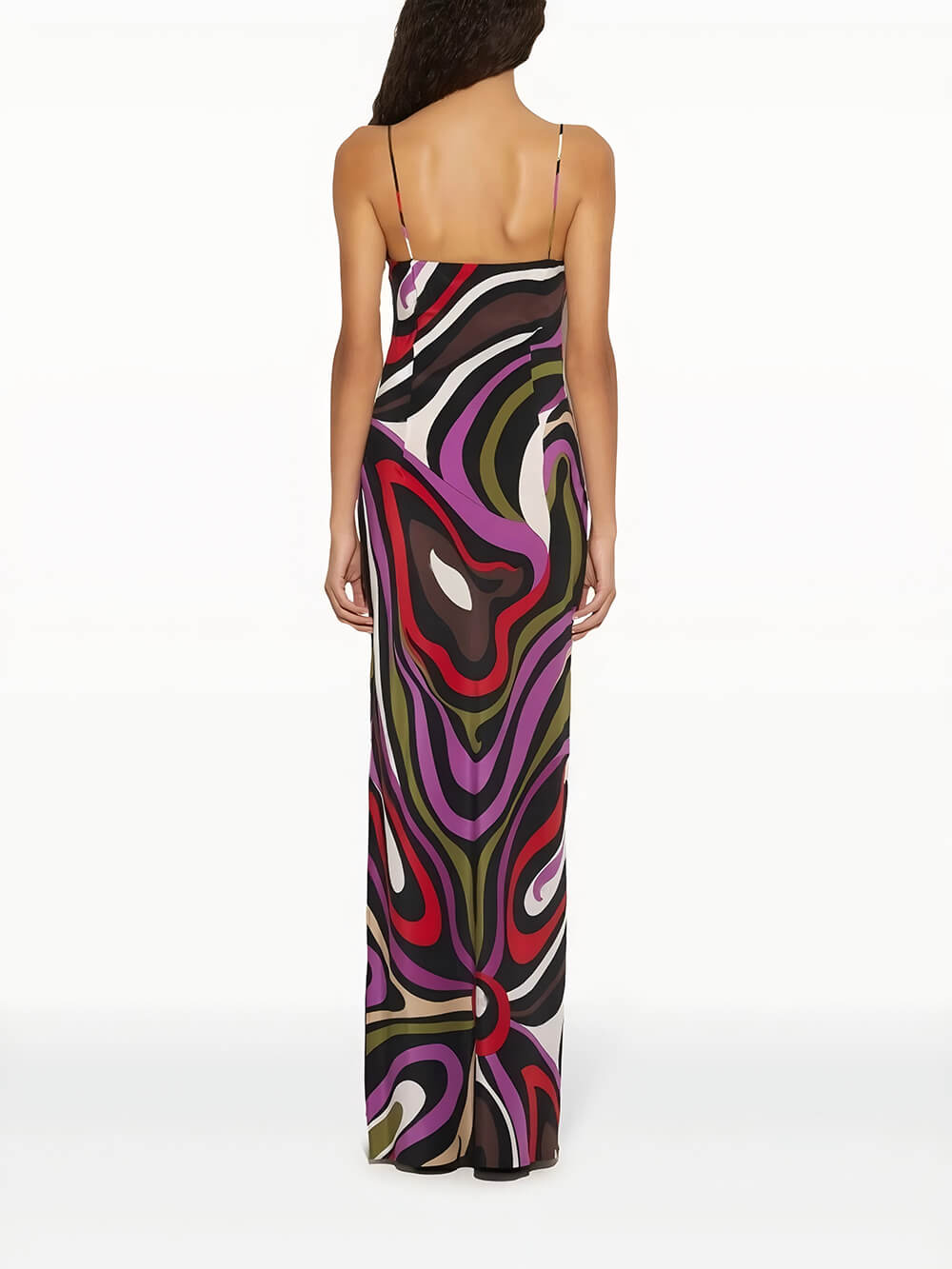 Robe longue dos nu en satin imprimé rétro