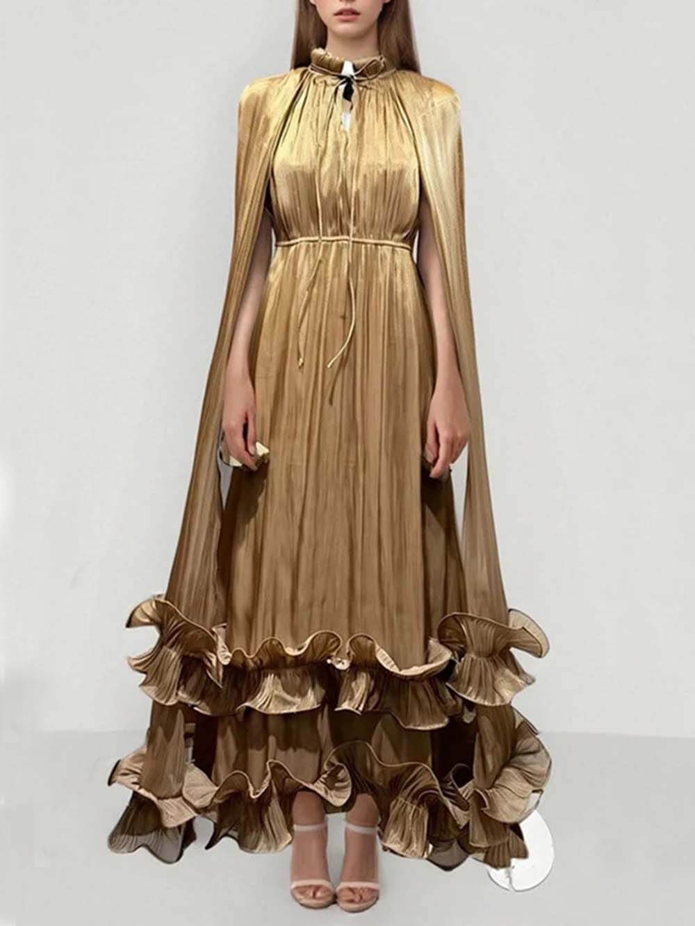 Robe longue à la mode exquise avec col en V, lacets, volants et ourlet double couche