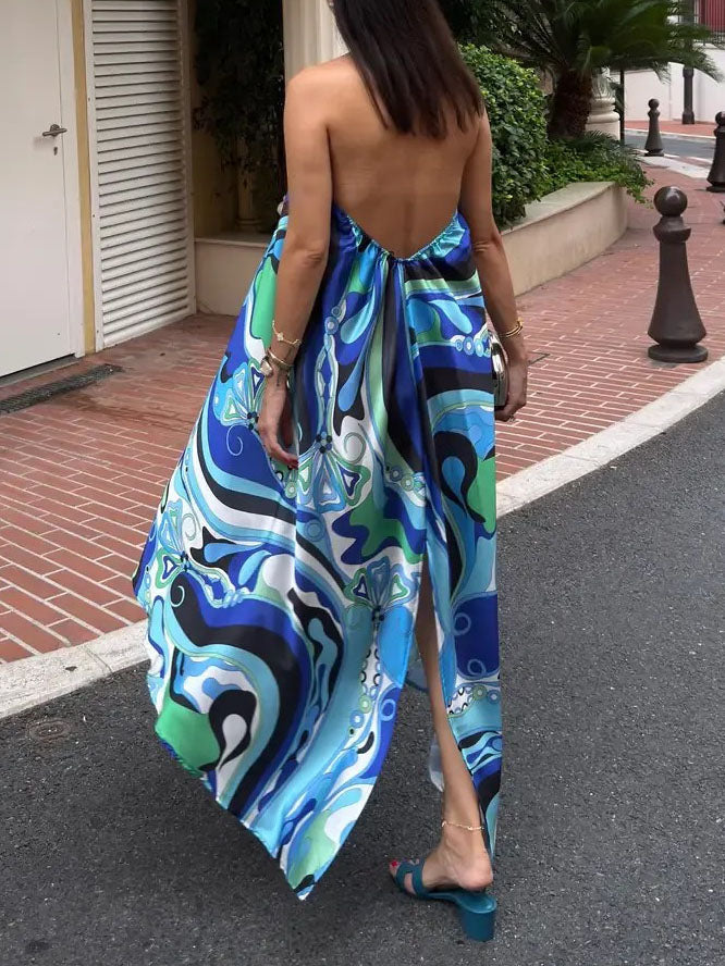 Robe midi élégante à imprimé floral abstrait et dos nu