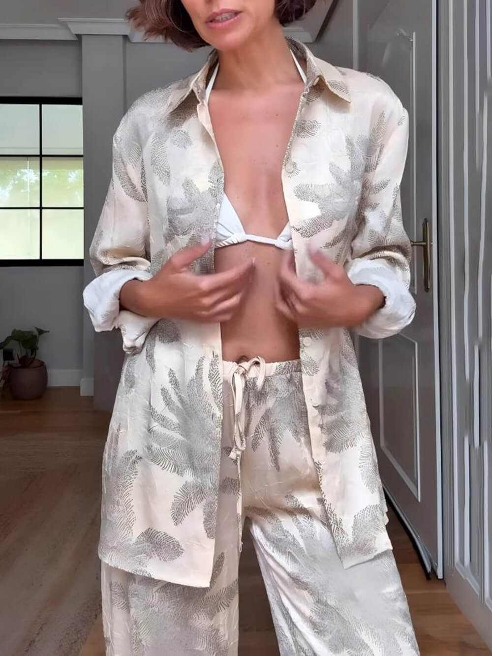 Chemise ample boutonnée surdimensionnée à imprimé feuilles de palmier pour l'été