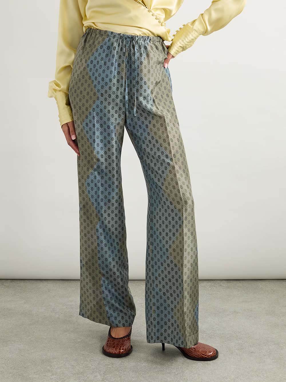 Pantalon droit en satin à imprimé délicat avec cordon de serrage et taille élastique