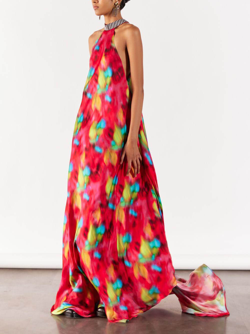 Robe longue à bretelles rétro unique à imprimé fleur de pavot
