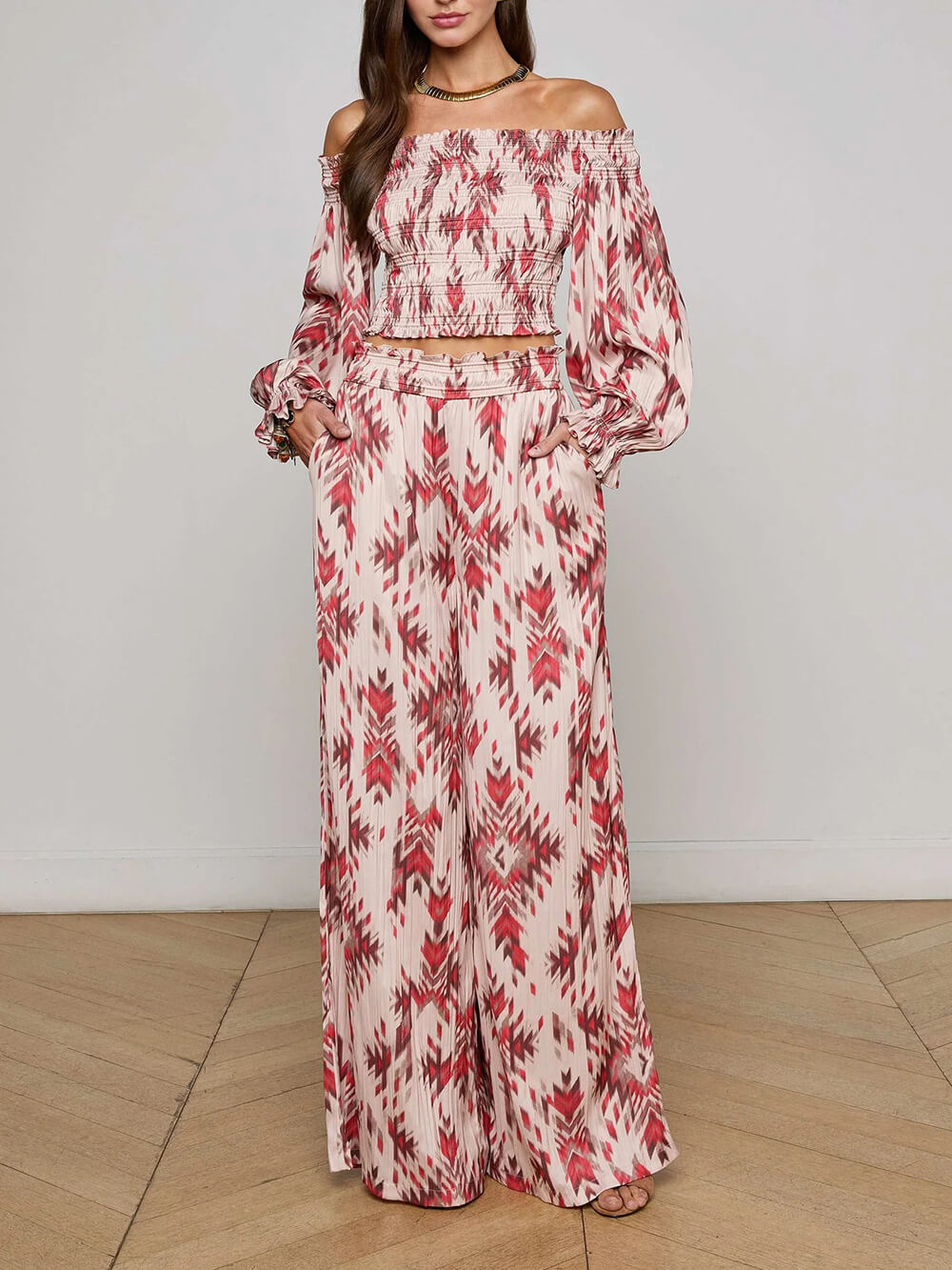 Retro Print Satin With Pleats Elastic Pockets Wide-Leg Pants