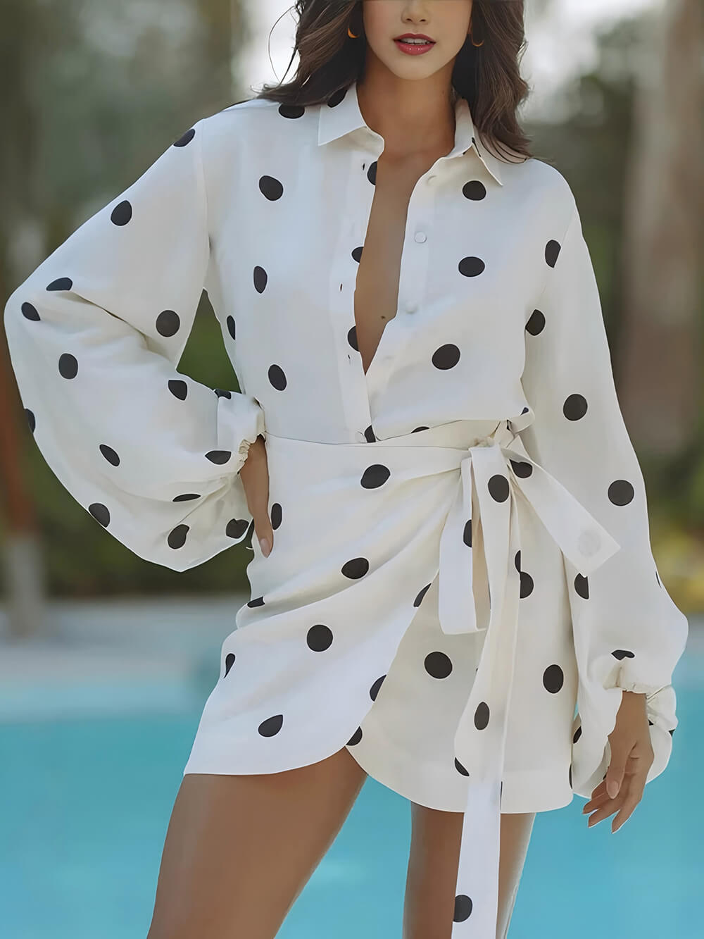 Casual Effortlessly Polka Dot Prints Balloon Sleeve Blouse and Wrap Tie-up Loose Mini Skirt Set