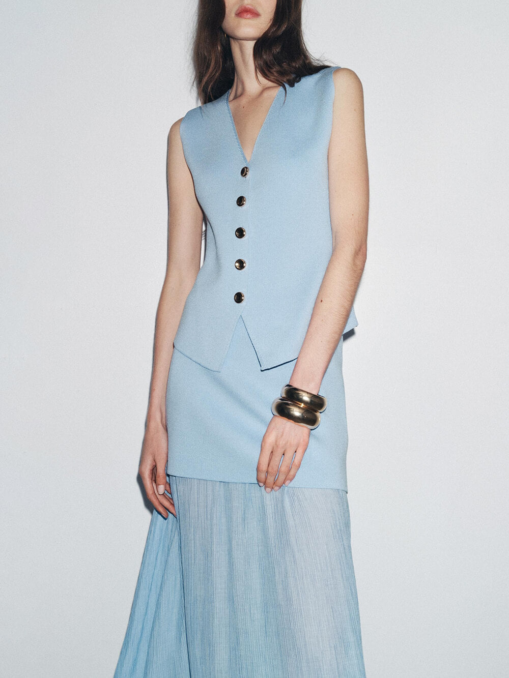 Elegant Mesh Panel Pleated Knit Maxi Skirt