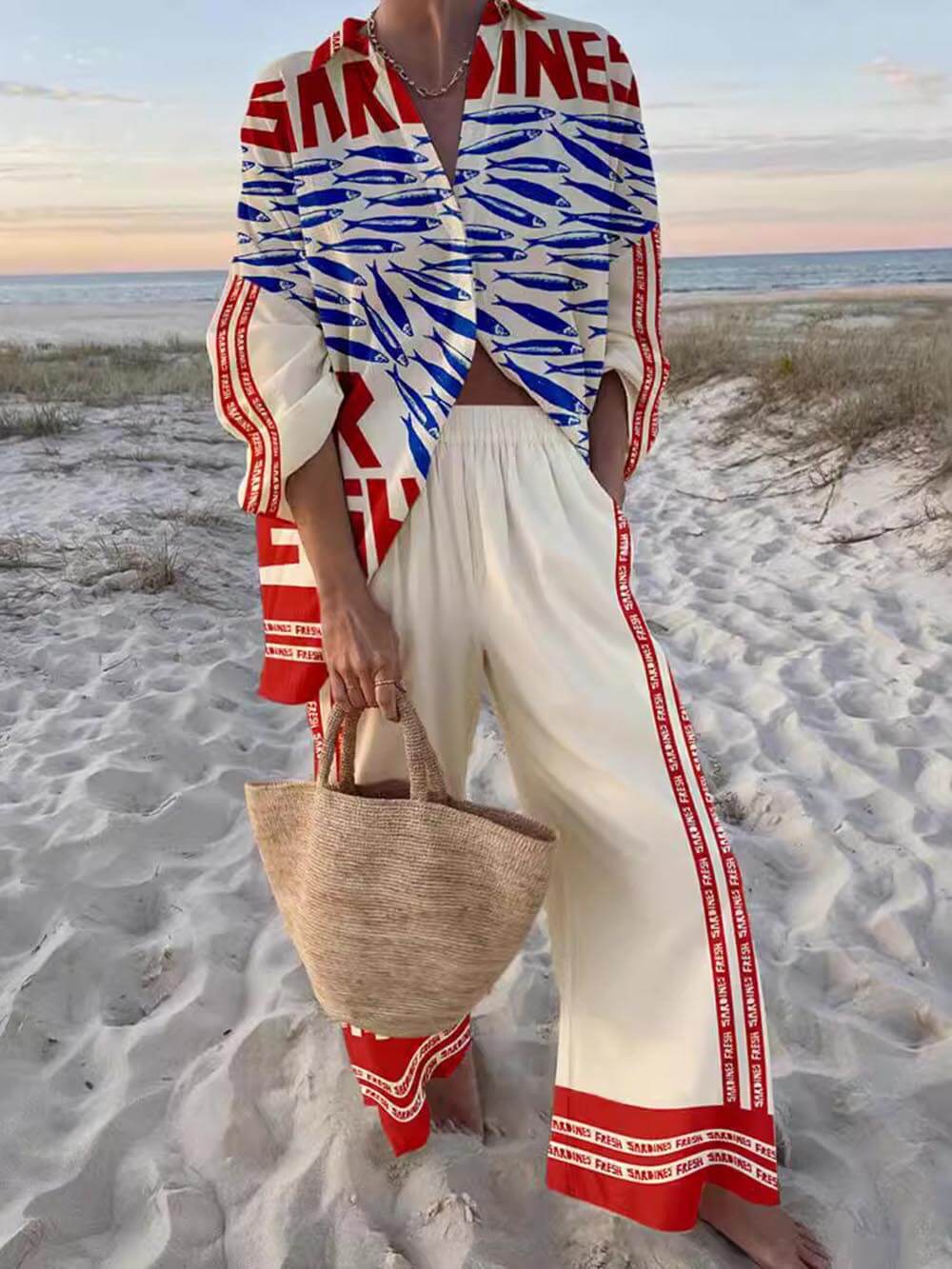 Ensemble chemise ample surdimensionnée et pantalon à jambes larges à imprimé décontracté unique