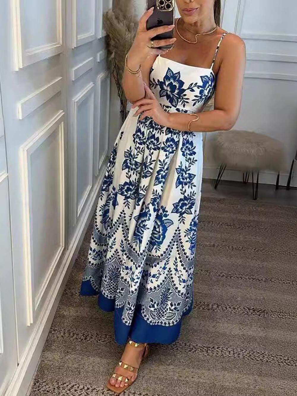 Robe mi-longue ample à imprimé floral ethnique et dos froncé