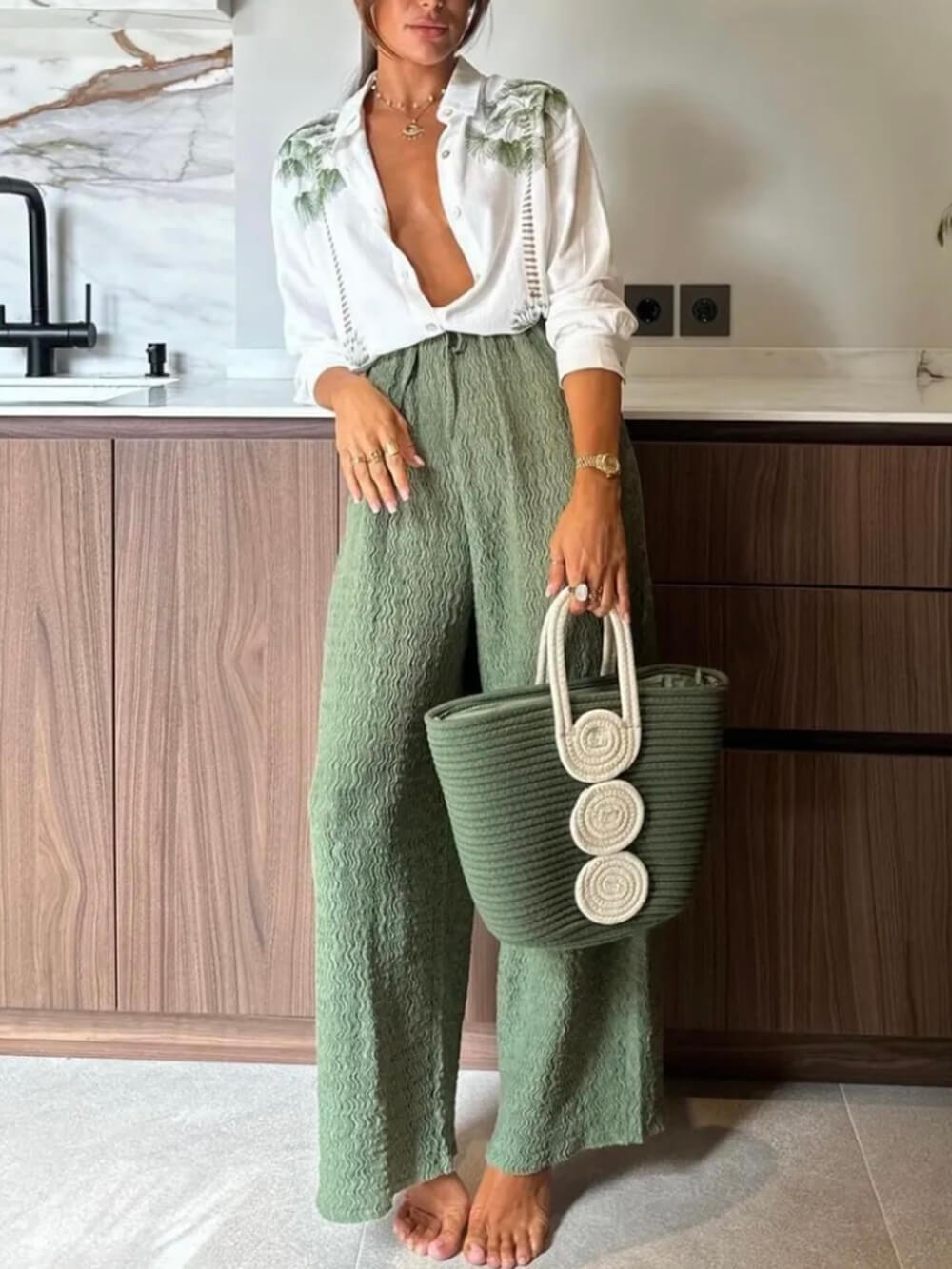 Sommerliche Hose im tropischen Stil mit einzigartiger, plissierter, elastischer Taille und geradem Bein