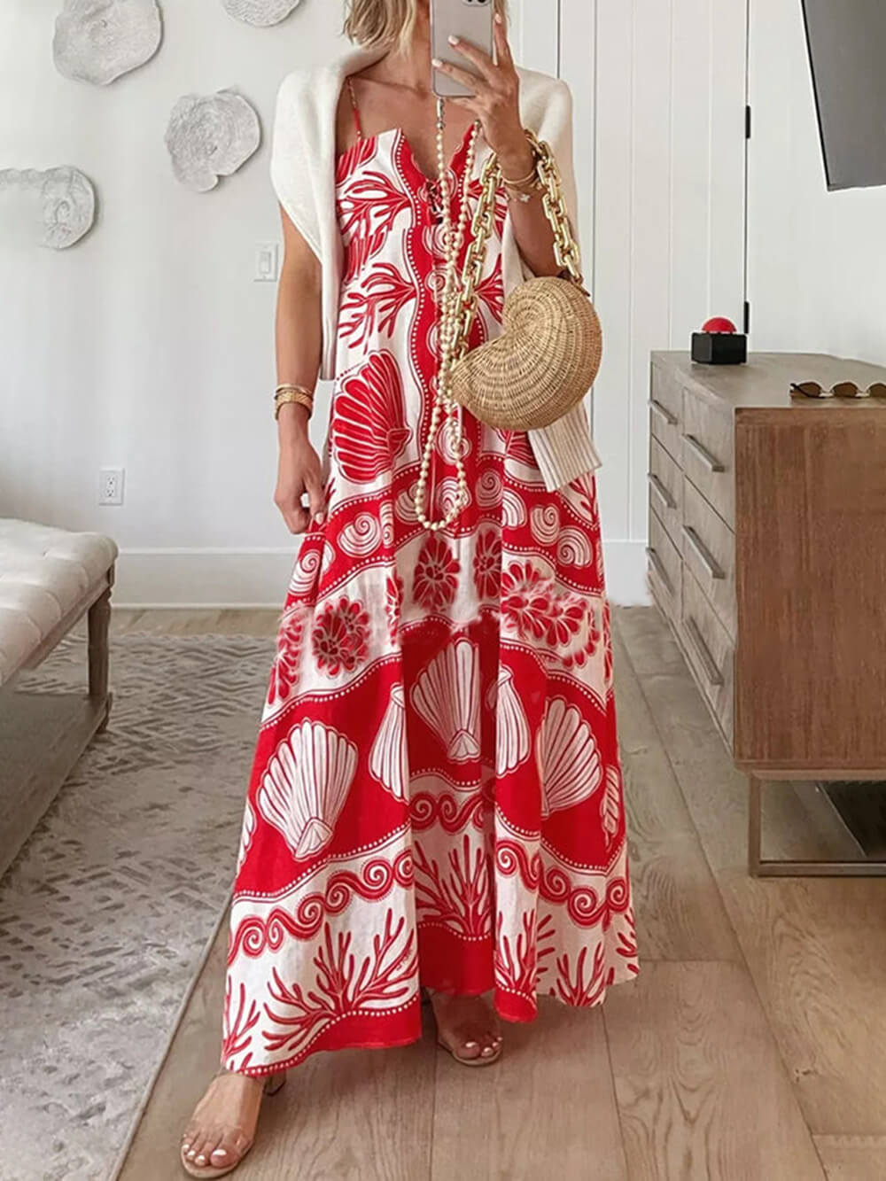 Lockeres Maxikleid mit Muschel-Print und Schnürung vorne