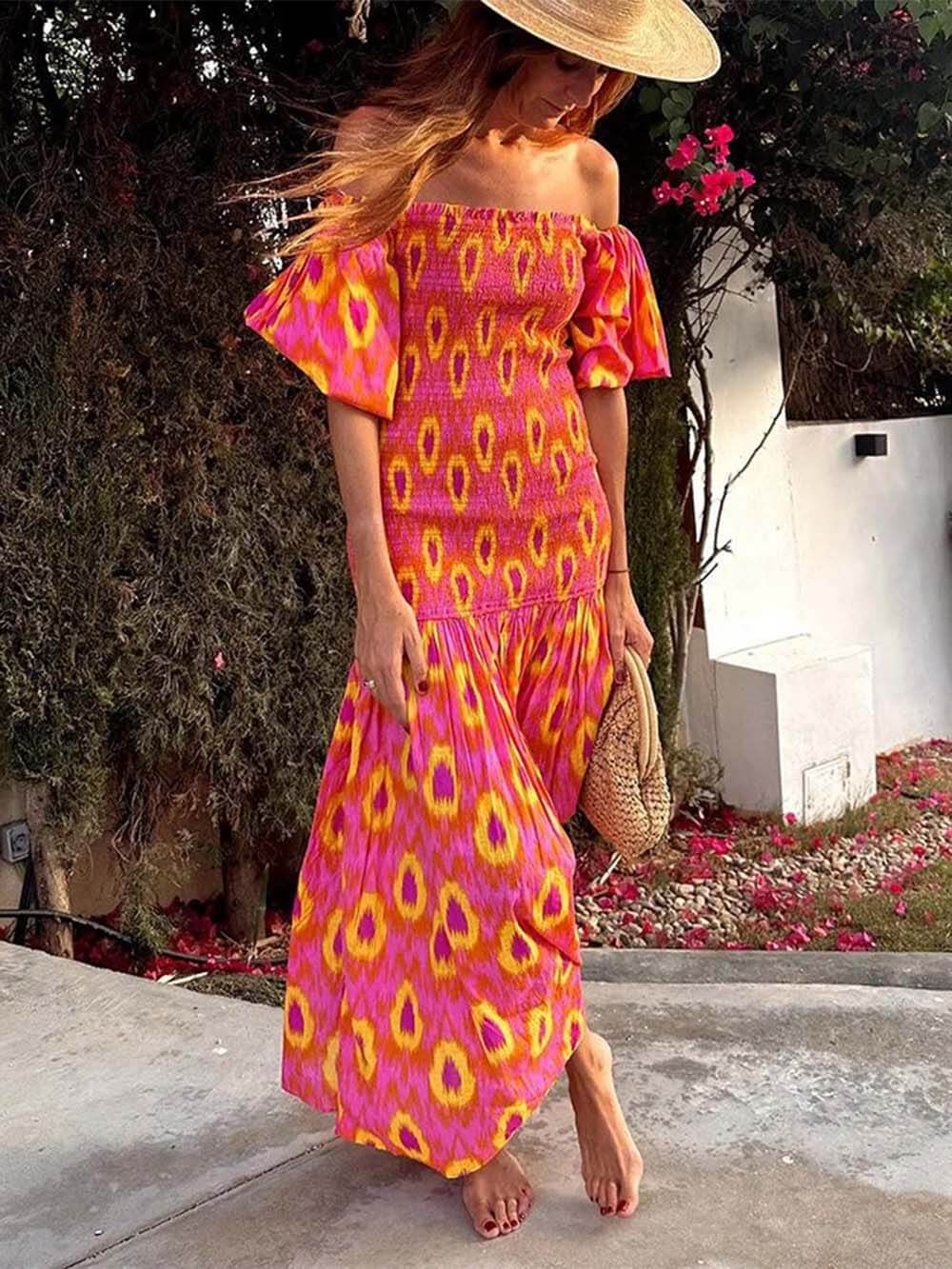 Robe midi smockée à épaules dénudées et manches ballon uniques