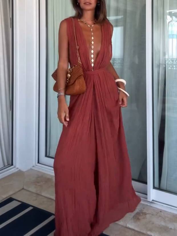 Jumpsuit mit V-Ausschnitt und Schnürung im Urlaubsstil