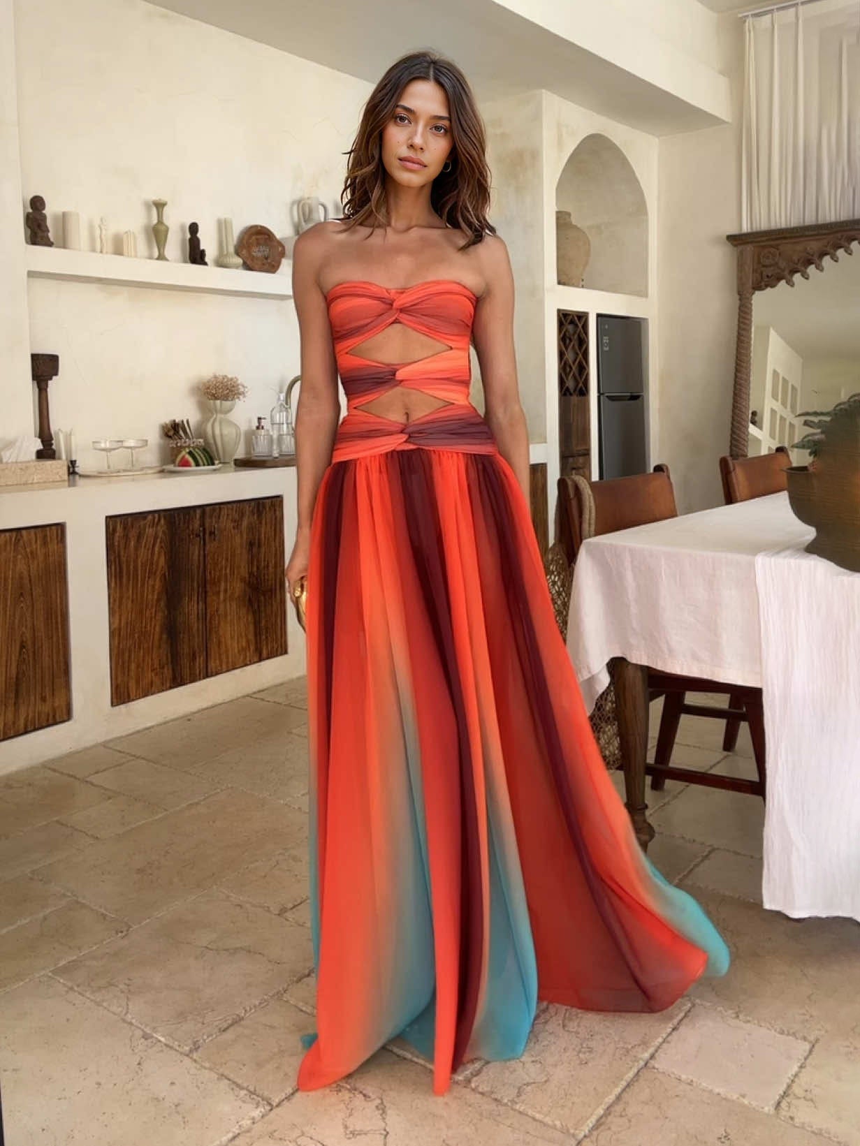 Robe longue de soirée sexy à imprimé dégradé et ajouré