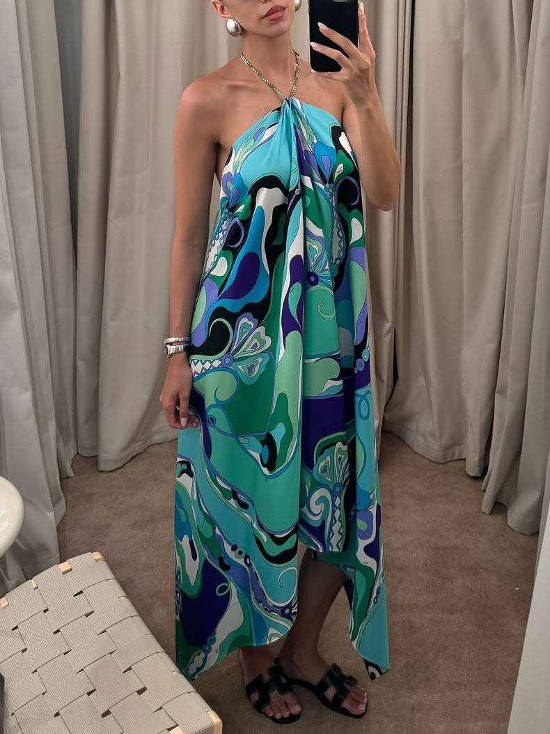 Robe midi élégante à imprimé floral abstrait et dos nu