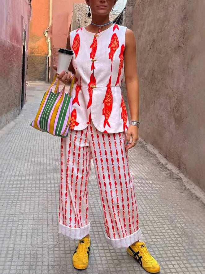 Einzigartige Hose mit weitem Bein und elastischer Taille und Glücksfisch-Print