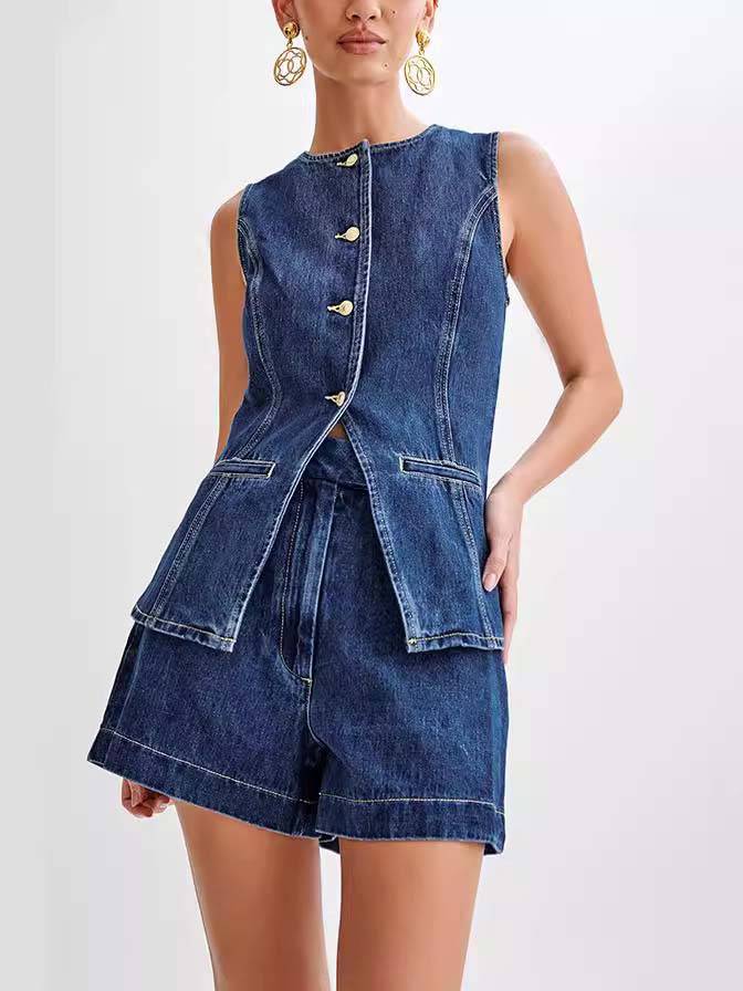 Minimalist Old Money Style Denim Vest And Shorts Suit