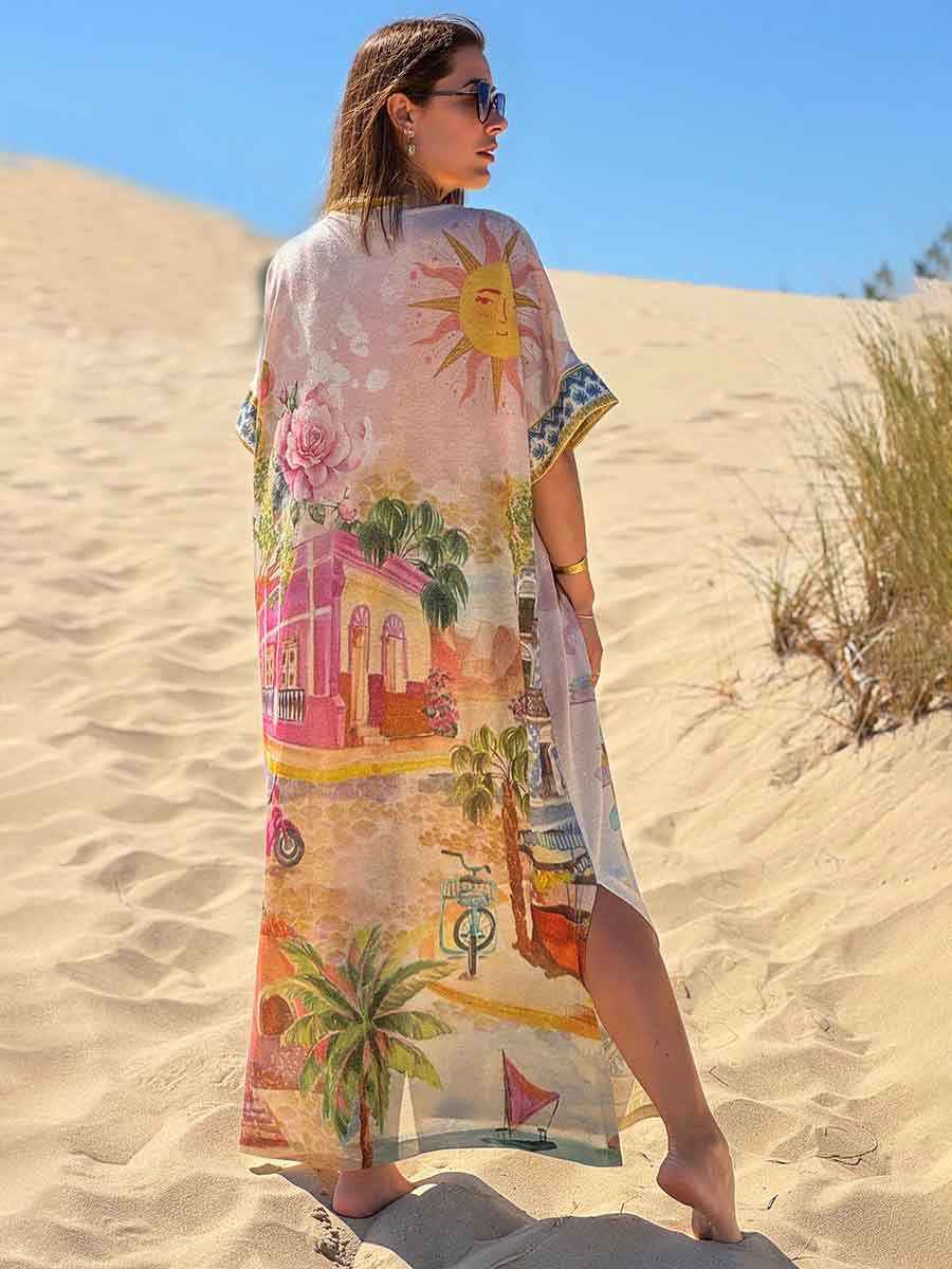 Einzigartiges Maxikleid mit V-Ausschnitt und Schlitz im Tung-Palmen-Print