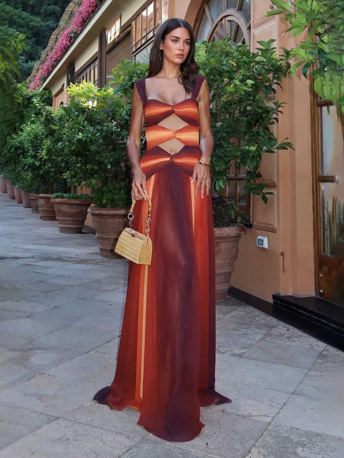 Elegant Gradient Print Sexy Hollow Maxi Dress