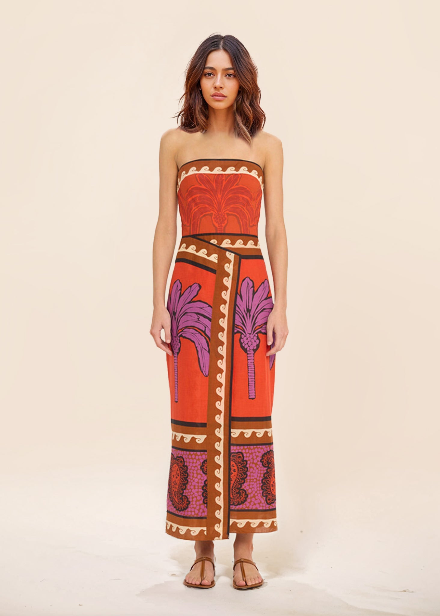 Robe mi-longue à épaules dénudées et motif floral palmier unique