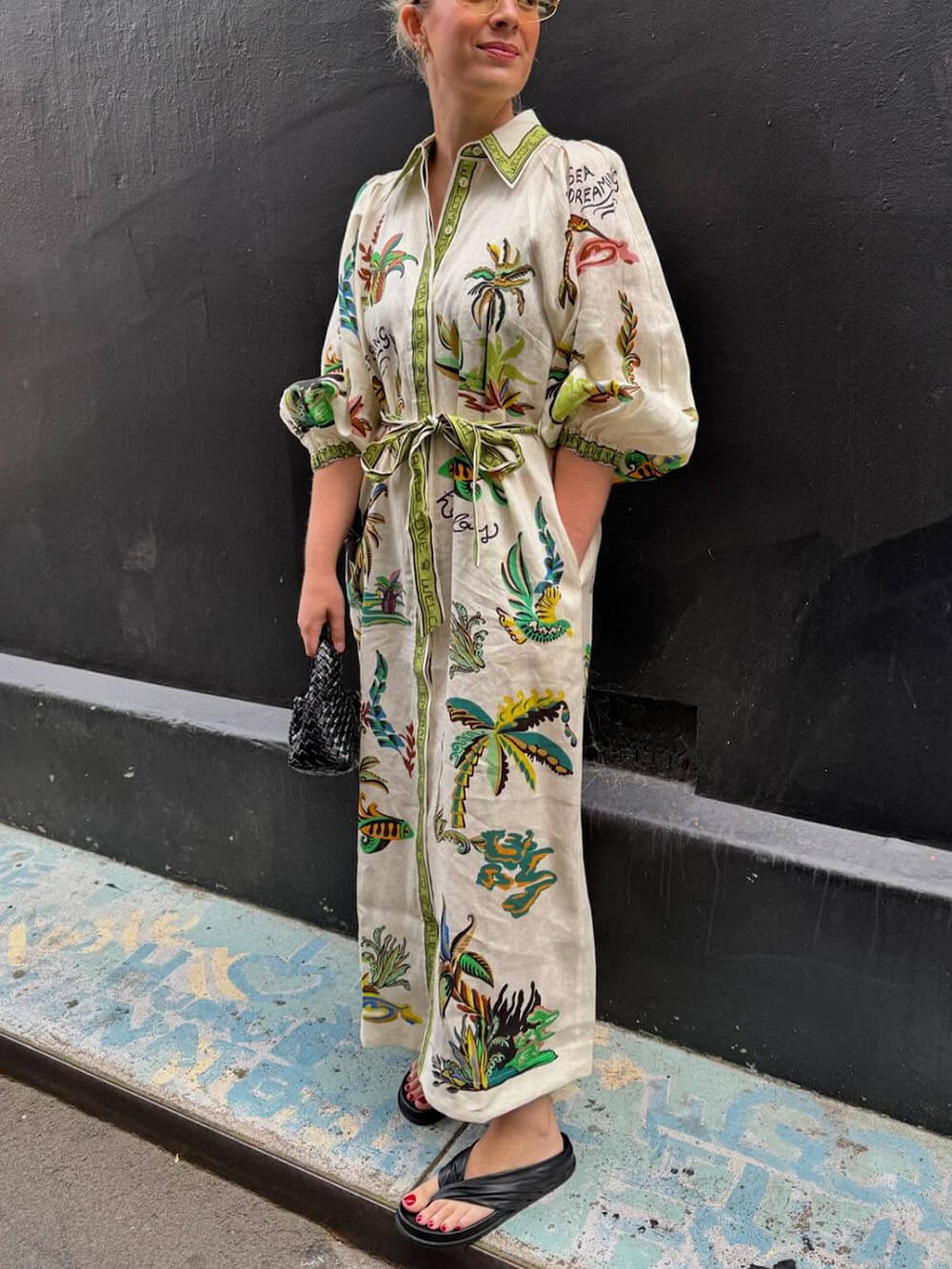 Robe chemise en lin à imprimé cocotiers unique