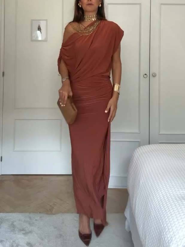 Oblique Collar Off-Shoulder Pleated Maxi Dress