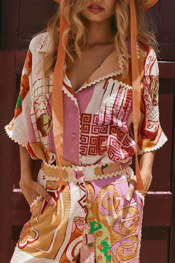 Tia Linen Blend Ric Rac Trims Unique Print Tank + Shirt + Pocketed Pants Set (3pieces)