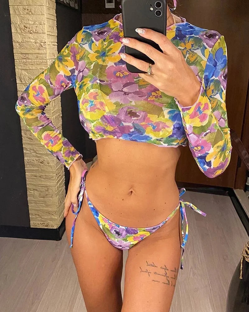 Women's printed lace-up bikini three-piece set Purple