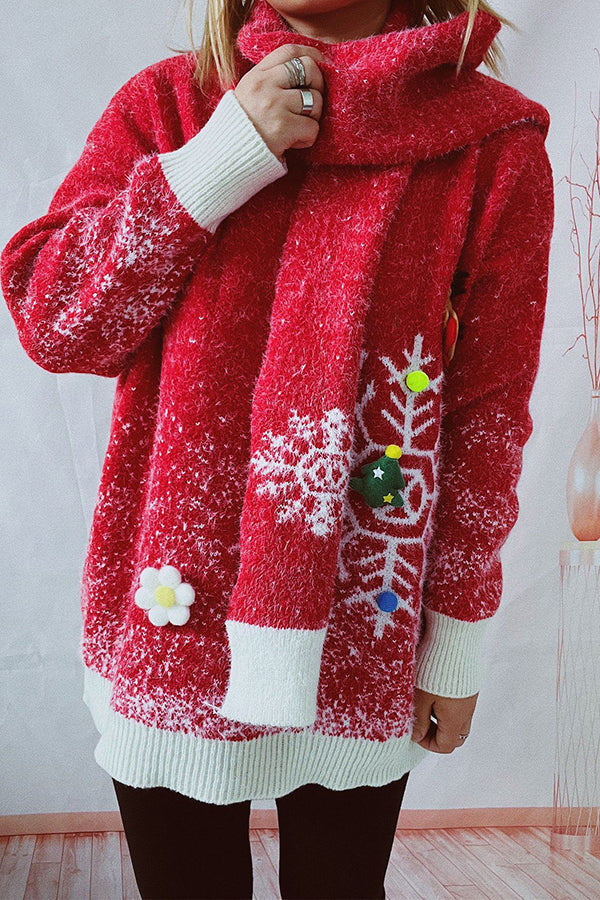 Christmas Pattern Knitted Round Tie Scarf Long Sleeve Sweater Red