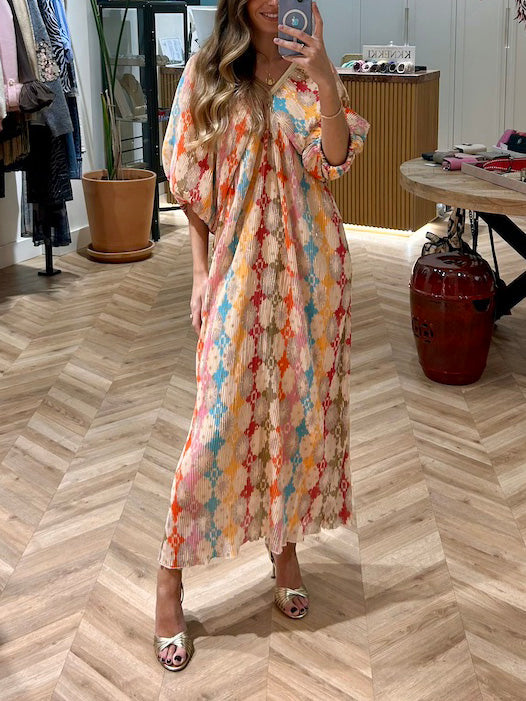 Robe midi plissée à manches bouffantes et imprimé mosaïque unique