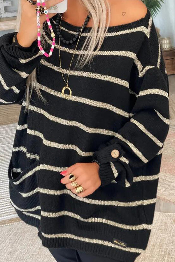 Solid Color Contrast Stripe Pullover Round Neck Loose Sweater Black