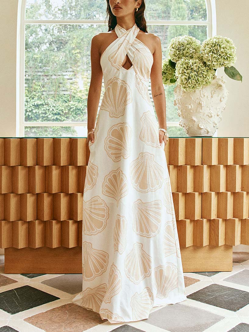 Robe longue décontractée à imprimé festonné et col croisé