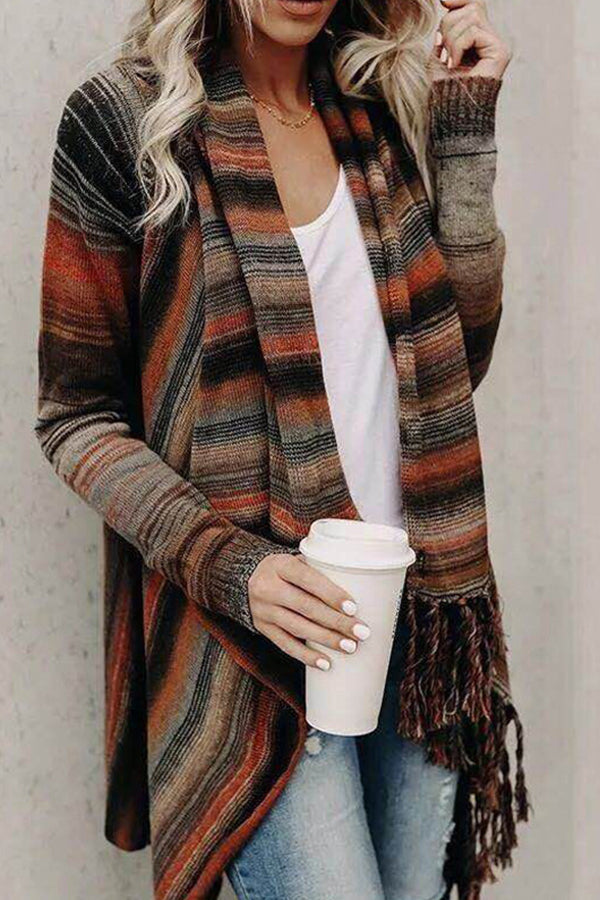 Mid-length slim-fitting fashionable fringed striped jacket Black